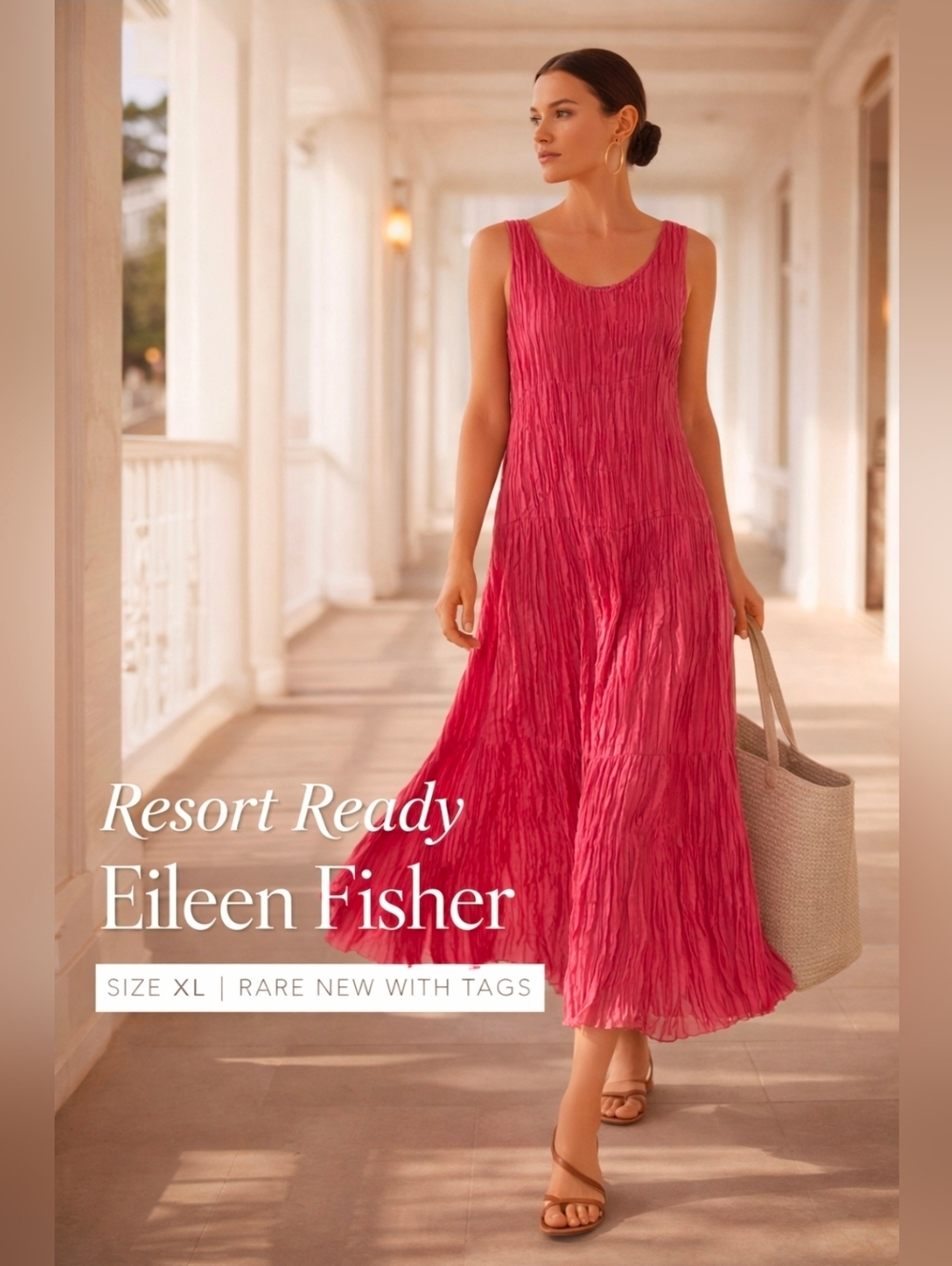 Eileen Fisher 100% Crushed Silk Pink Sleeveless Midi Dress XL NWT Spring Summer